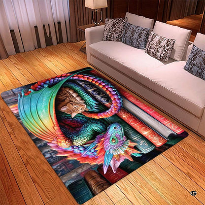 Colorful rainbow winged dragon gently sheltering a sleeping tabby kitten on a stack of vintage books area rug. - thumbnail image 2 of 5