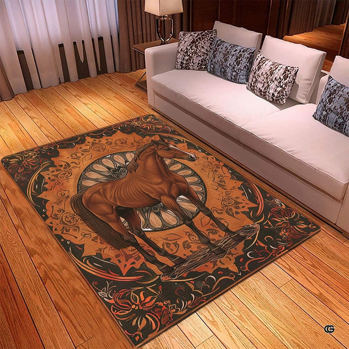 Close-up detail of equestrian artwork showing brown stallion and stained-glass rosette motifs on the floor covering. - image 3 of 5