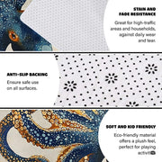 Close-up perspective of blue and gold sea monster artwork on vintage rug. - thumbnail image 6 of 7