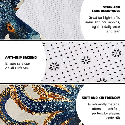 Close-up perspective of blue and gold sea monster artwork on vintage rug. - thumbnail image 6 of 7