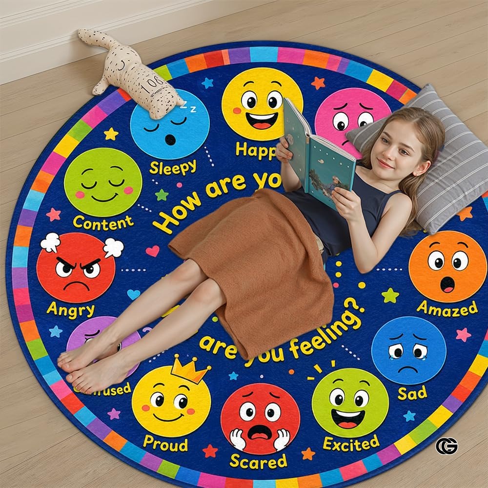 Wheel of Feelings and Emotions Round Rug, Educational Mental Health Rug for Classroom, Educational Animal Shape School Mat, Back to School Gift (Emotion 1)