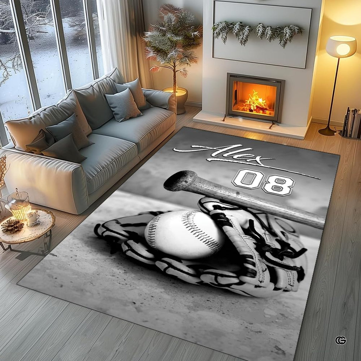 Styled sports den layout featuring white area rug 9x12 baseball floor centerpiece. - image 5 of 7