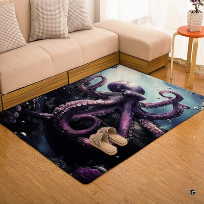 Undersea octopus floor mat motif with aquatic light beams filtering through dark oceanic depths. - thumbnail image 3 of 7