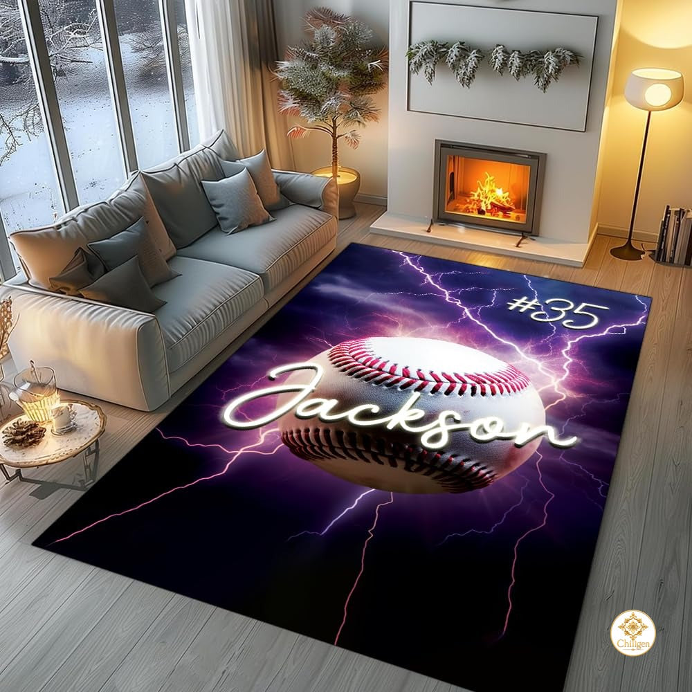 Custom Baseball Area Rug with Sports Theme and Non-Slip Backing