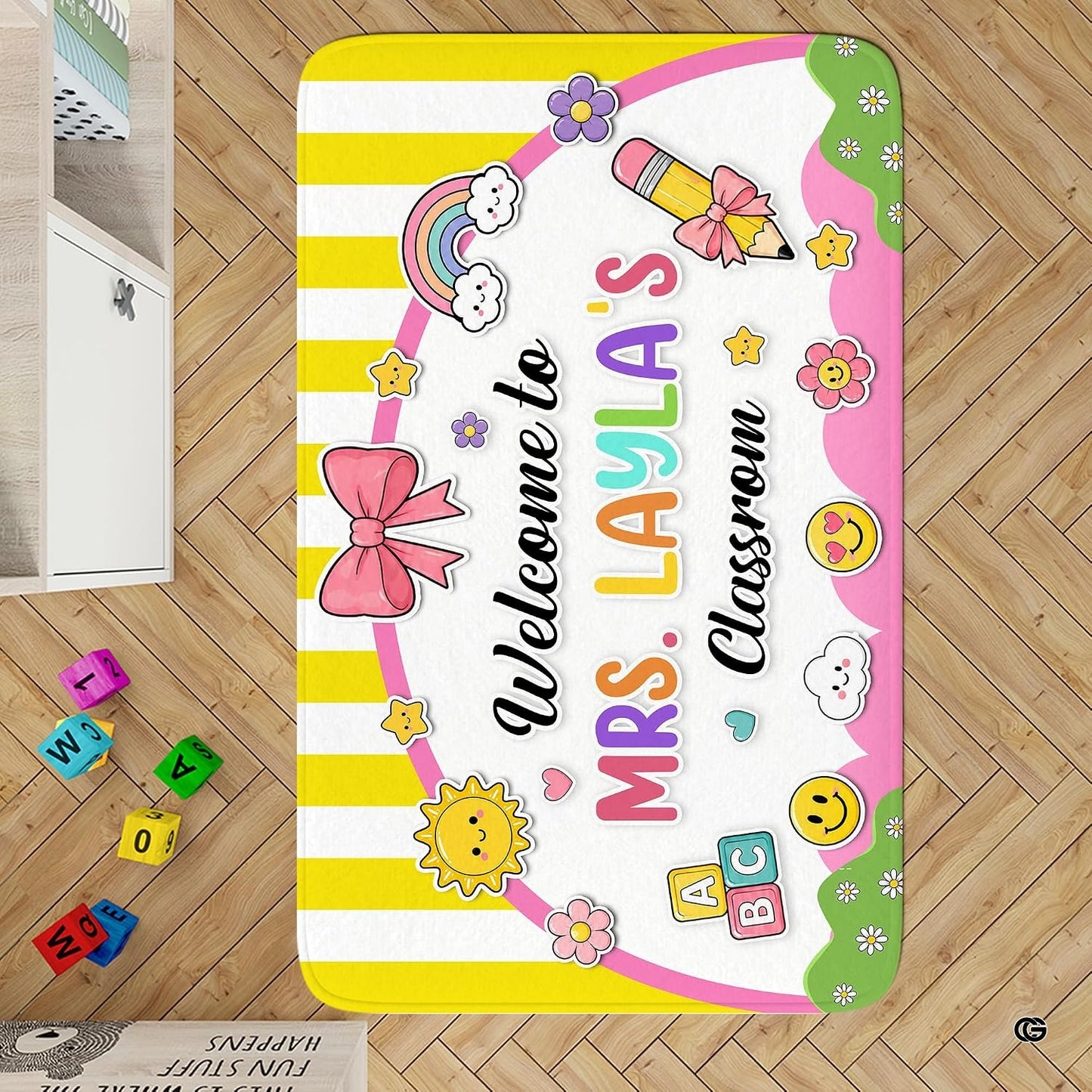 Personalized Teacher Classroom Rug, Custom Back to School Welcome Mat with Name, Kindergarten Preschool Elementary Decor, Composition Notebook Carpet (A02)