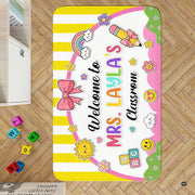 Personalized Teacher Classroom Rug, Custom Back to School Welcome Mat with Name, Kindergarten Preschool Elementary Decor, Composition Notebook Carpet (A02)