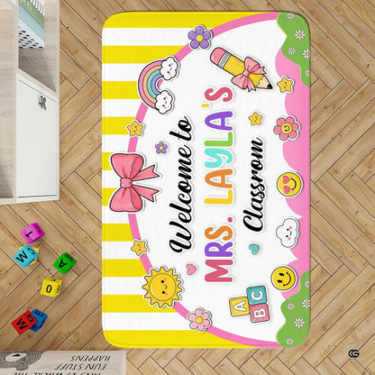 Personalized Teacher Classroom Rug, Custom Back to School Welcome Mat with Name, Kindergarten Preschool Elementary Decor, Composition Notebook Carpet (A02)