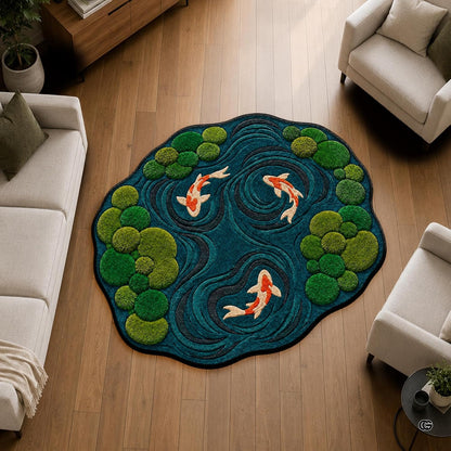 Custom Japanese Koi Fish Shaped Area Rug, Personalized 3D Optical Illusion Koi Pond Lotus Non Slip Washable Shaped Floor Mat, Fish Pond Rugs for Bedroom Living Room Decor (1, D8)