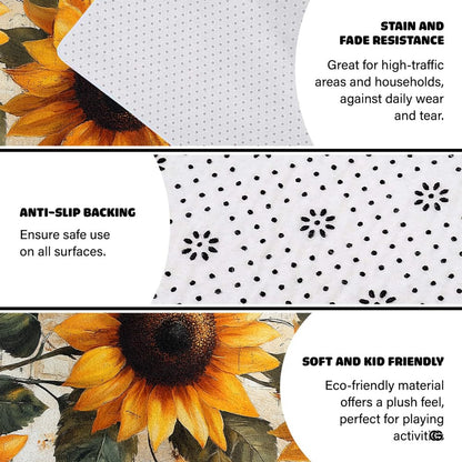French country sunflower floor rug displayed in cozy bedroom setting - thumbnail image 6 of 7