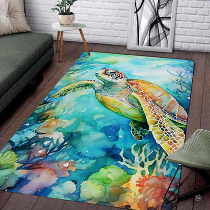 Vibrant watercolor sea turtle swimming through colorful coral reef on an artistic living room floor centerpiece. - thumbnail image 1 of 7