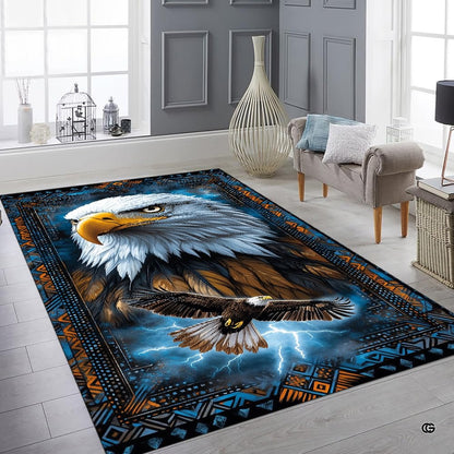 Living area setting featuring the bald eagle tribal animal rug centered beneath a coffee table. - thumbnail image 6 of 7