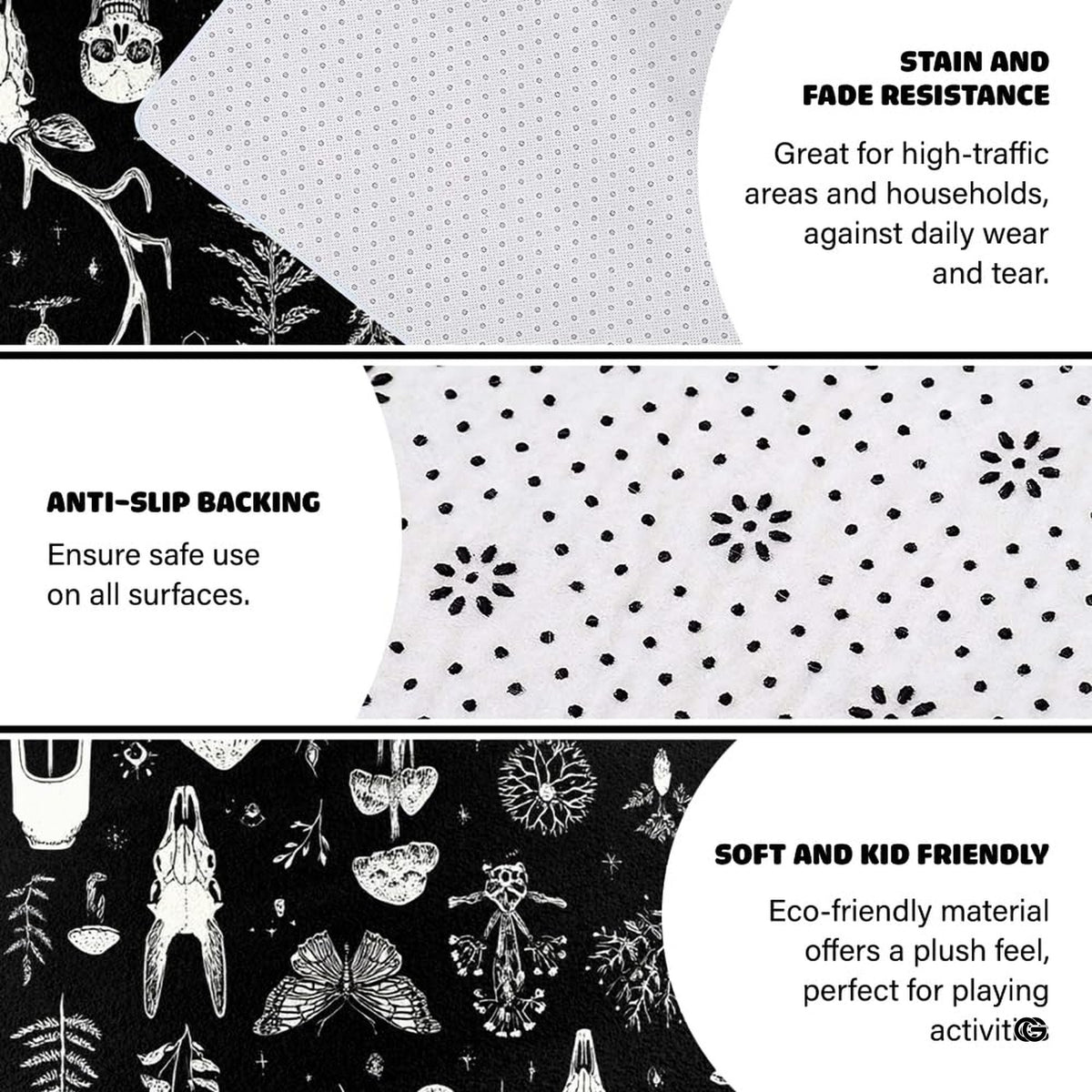 Infographic displaying dotted anti-slip backing and surface resistance details for the area rug - image 5 of 8