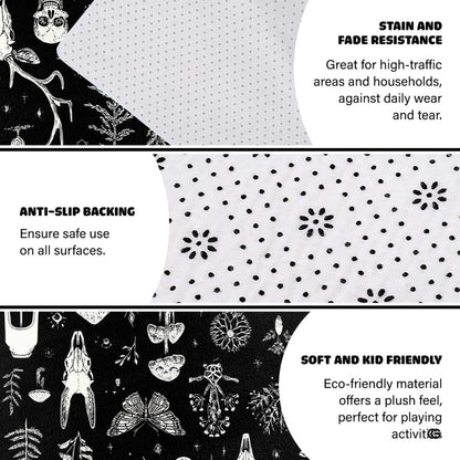 Infographic displaying dotted anti-slip backing and surface resistance details for the area rug - thumbnail image 5 of 8