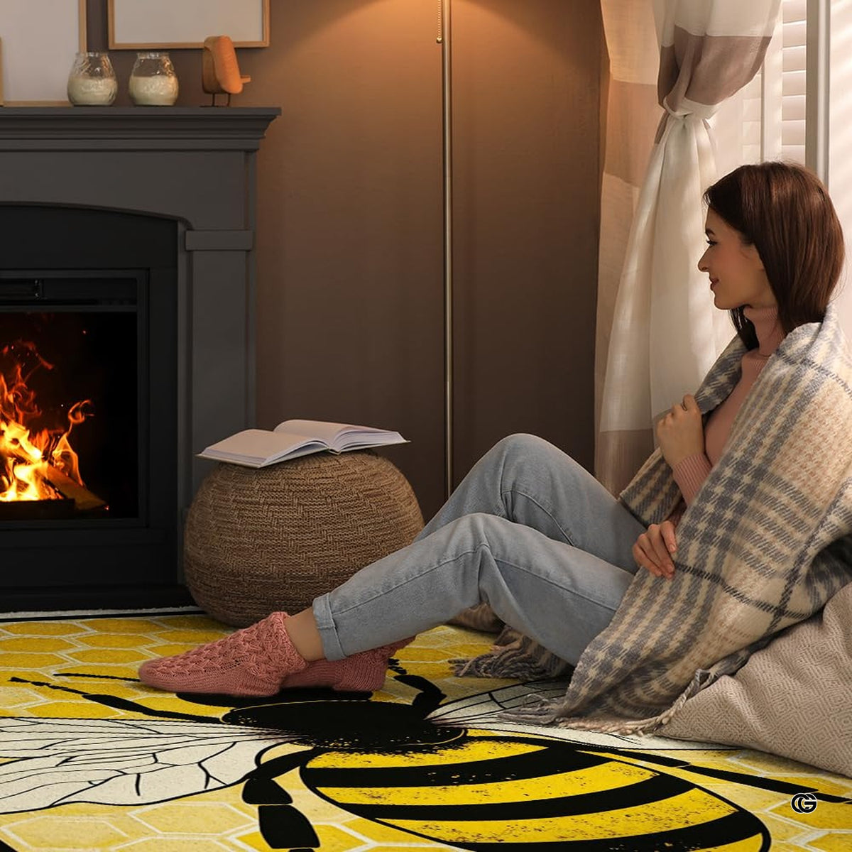 Close-up perspective of crisp line art wings and decorative accent golden tones on the honey bee rug.