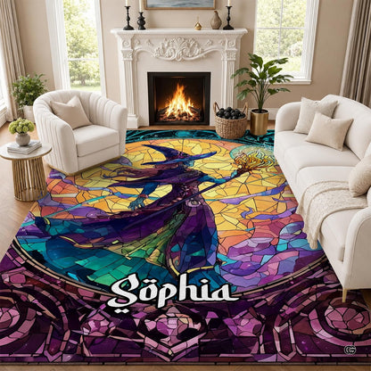 Personalized Witch Area Rug with Name - Custom Halloween Rug, Black Cat & Raven Floor Carpet, Spooky Gothic Home Decor, Non Slip Rugs (Style 2)