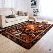 Close-up perspective of stitched border detailing on western tooled leather style rug. - thumbnail image 4 of 7