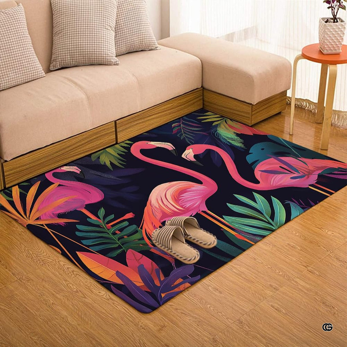 Tropical pink flamingo botanical leaves illustration rectangular area rug.