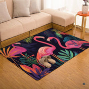 Tropical pink flamingo botanical leaves illustration rectangular area rug. - thumbnail image 1 of 7