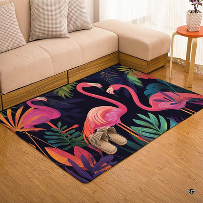 Tropical pink flamingo botanical leaves illustration rectangular area rug. - thumbnail image 1 of 7