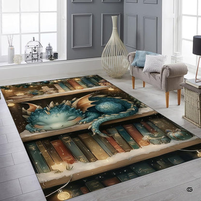 Cute baby blue dragon sleeping on a snow-dusted library bookshelf with warm festive fairy lights area rug. - thumbnail image 6 of 8