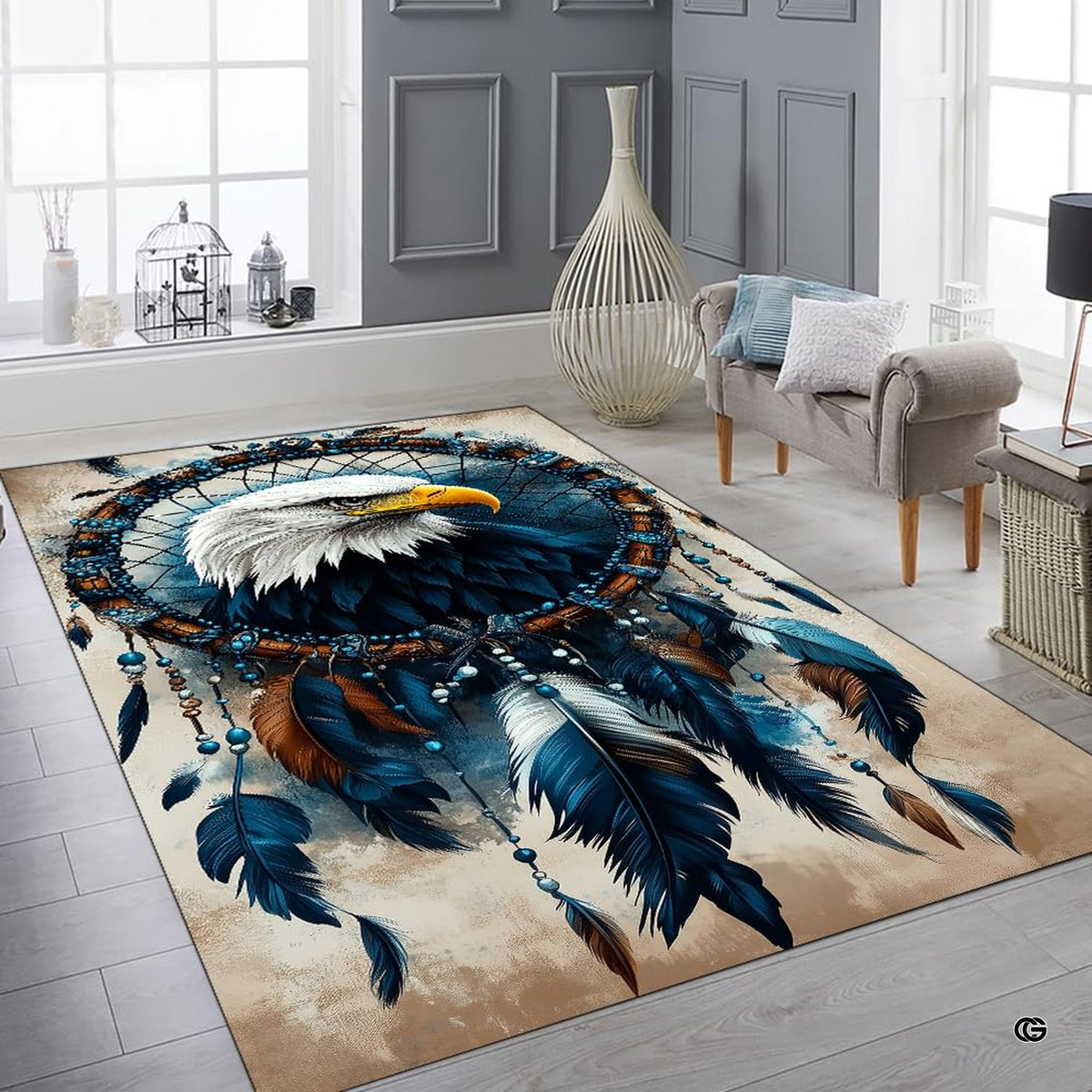 Spiritual eagle wildlife floor rug displayed in comfortable bedroom setup - image 6 of 7