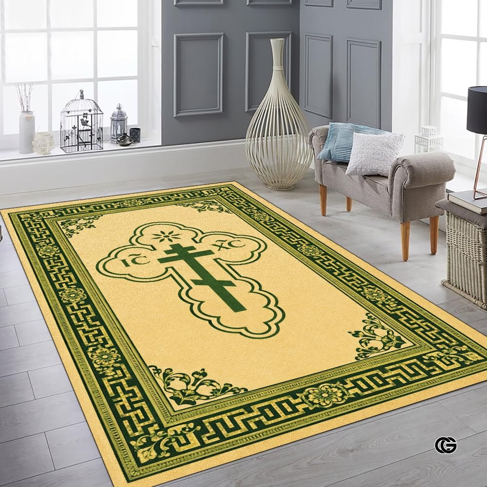Personalized Orthodox Christian Area Rug, Custom Eastern Orthodox Russian Greek Byzantine Non-Slip Rug for Women Men, IC XC Nika Cross Mat for Living Room, Bedroom, Church Decor (D9)