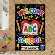 Chalkboard themed floor accent featuring yellow pencils, paper airplanes, and red apple artwork. - thumbnail image 2 of 7