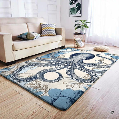 Lifestyle scene featuring family lounging on steel blue octopus area rug. - thumbnail image 5 of 7