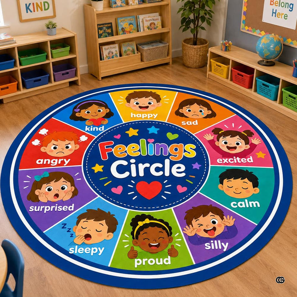Classroom Area Rug displaying a circular wheel layout with multicolored segments and thematic accent artwork.