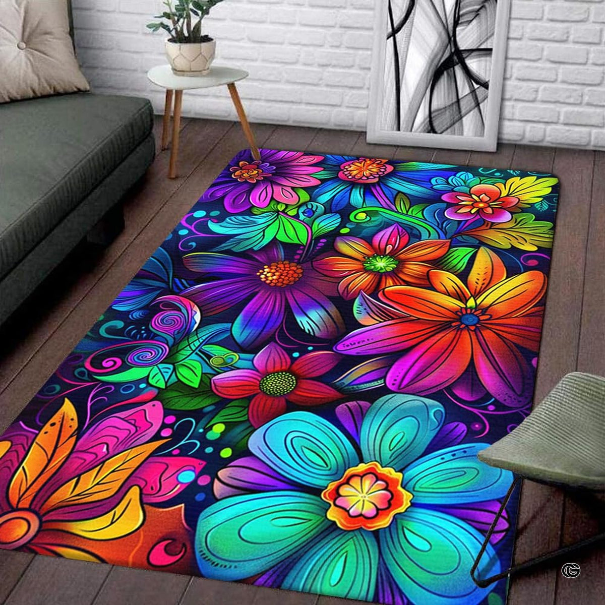 Vibrant neon floral boho living room area rug with psychedelic multicolored blooming flowers on dark ground