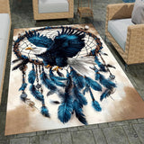 Bald eagle area rug with navy eagle, dreamcatcher hoop, and teal feathers on beige ground.