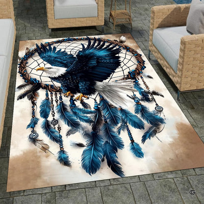 Bald eagle area rug with navy eagle, dreamcatcher hoop, and teal feathers on beige ground. - thumbnail image 1 of 7