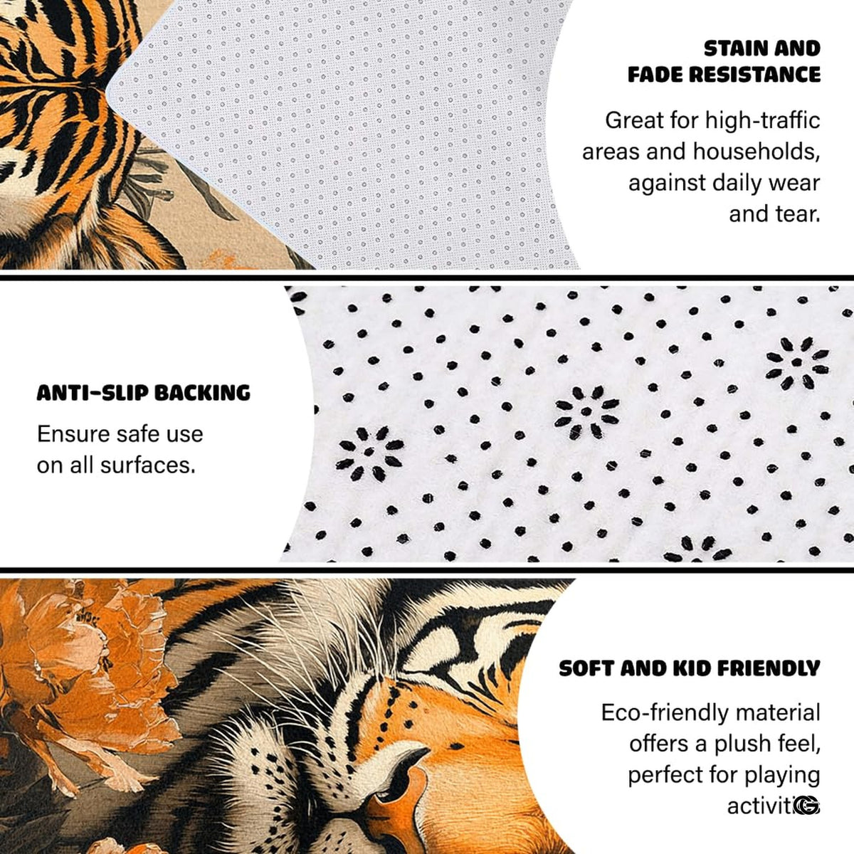 Non-slip grip backing and bound edge stitching on golden peony tiger rug