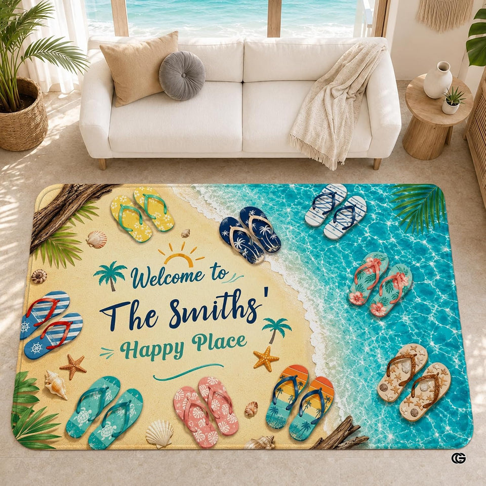 Personalized Tropical Beach Rug, Custom Family Name Tropical Outdoor Rug, Flamingo Surfboard Ocean Area Rug for Living Room, Patio, Beach House Decor, Design 01