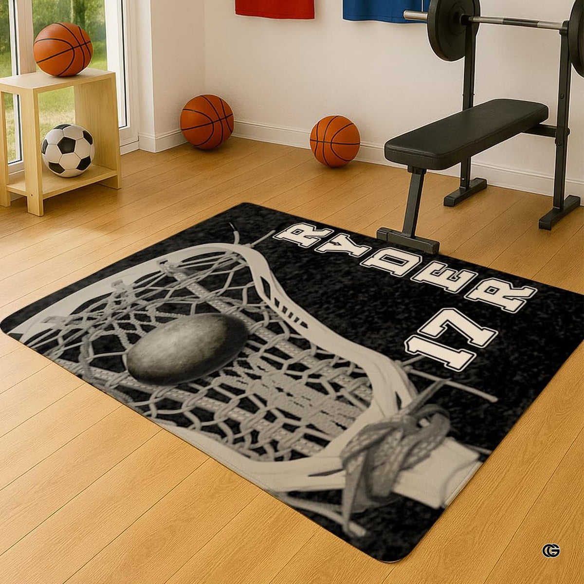 Bold black and white lacrosse artwork rug accentuating an athlete study room.