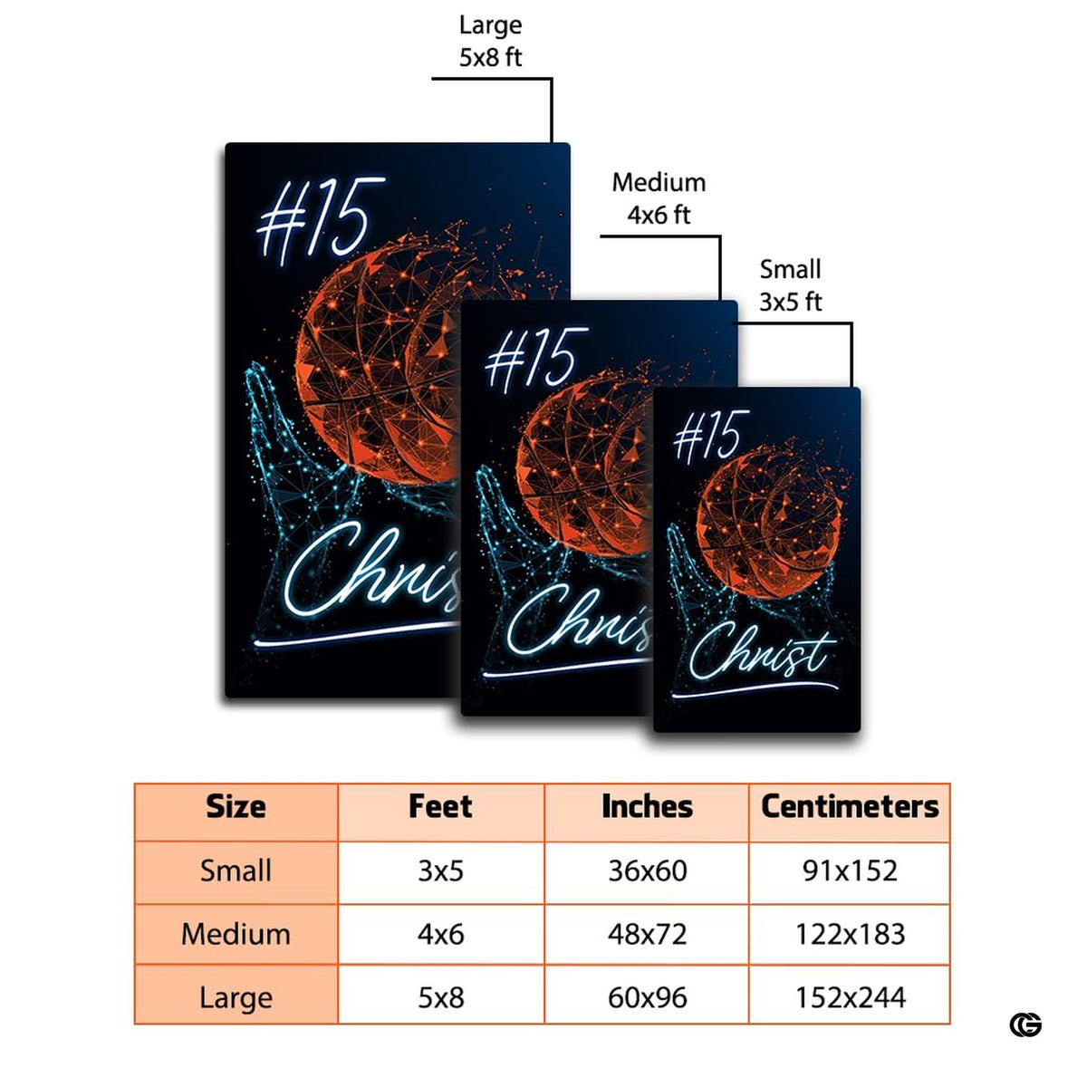 Dimension chart displaying size options for neon basketball sports area rug. - image 2 of 7