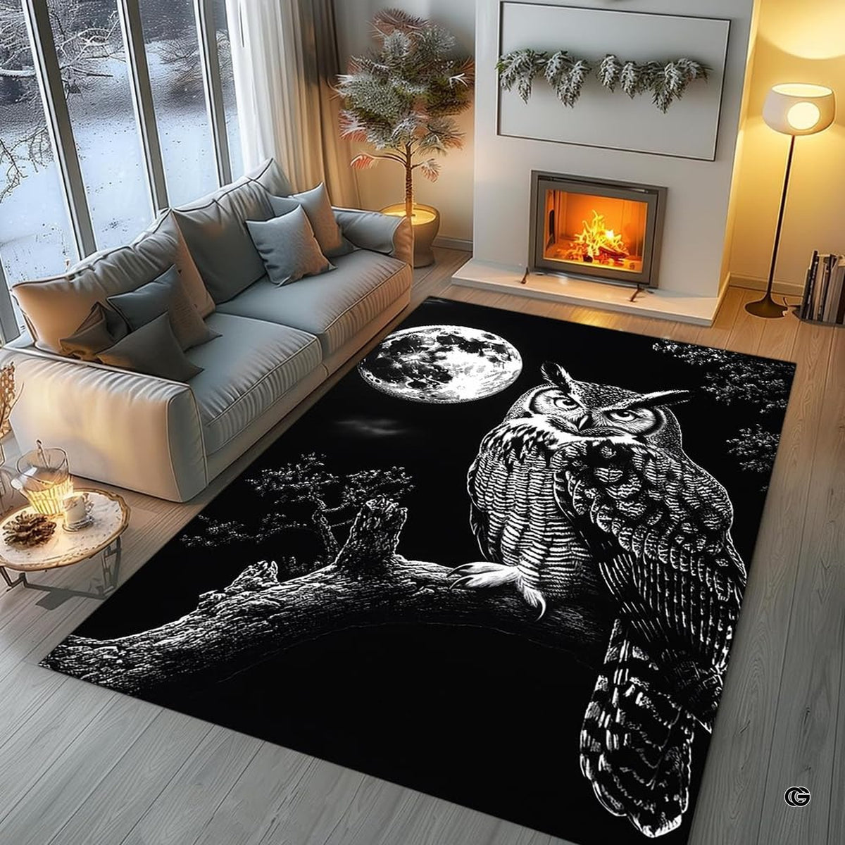 Atmospheric living room interior styled with the black-and-white moonlit owl decorative rug. - image 7 of 8