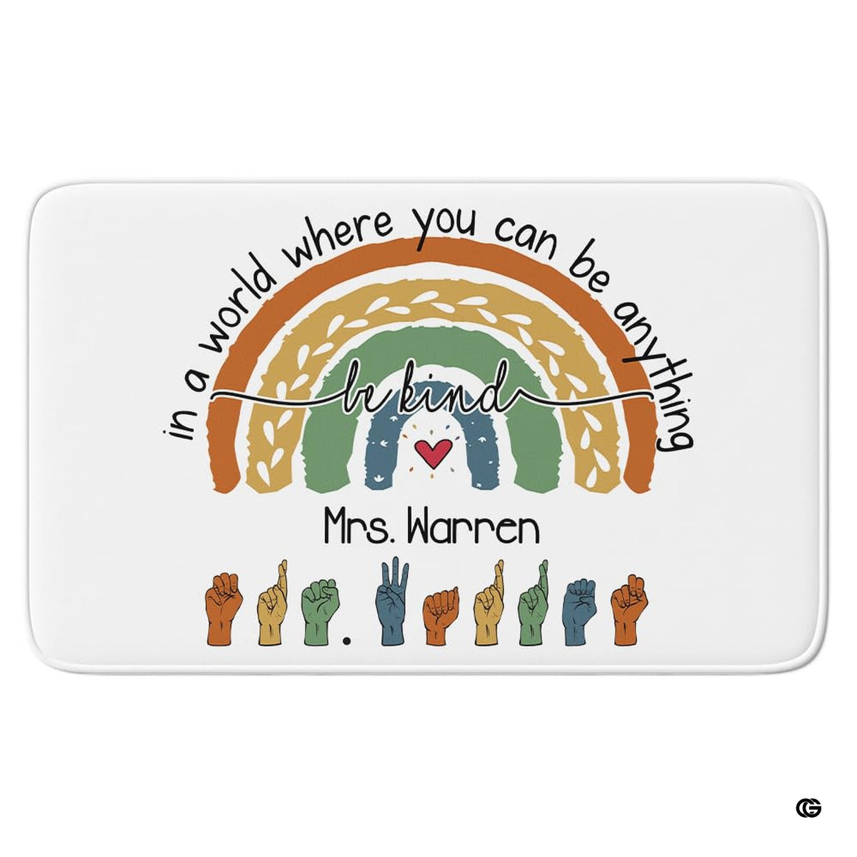 Boho rainbow arch with sign language hand alphabet illustrations on a classroom area rug