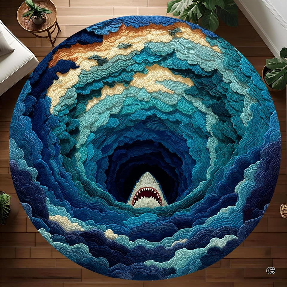Circular ocean rug showing 3D whirlpool abyss with great white shark emerging in navy and teal waters.