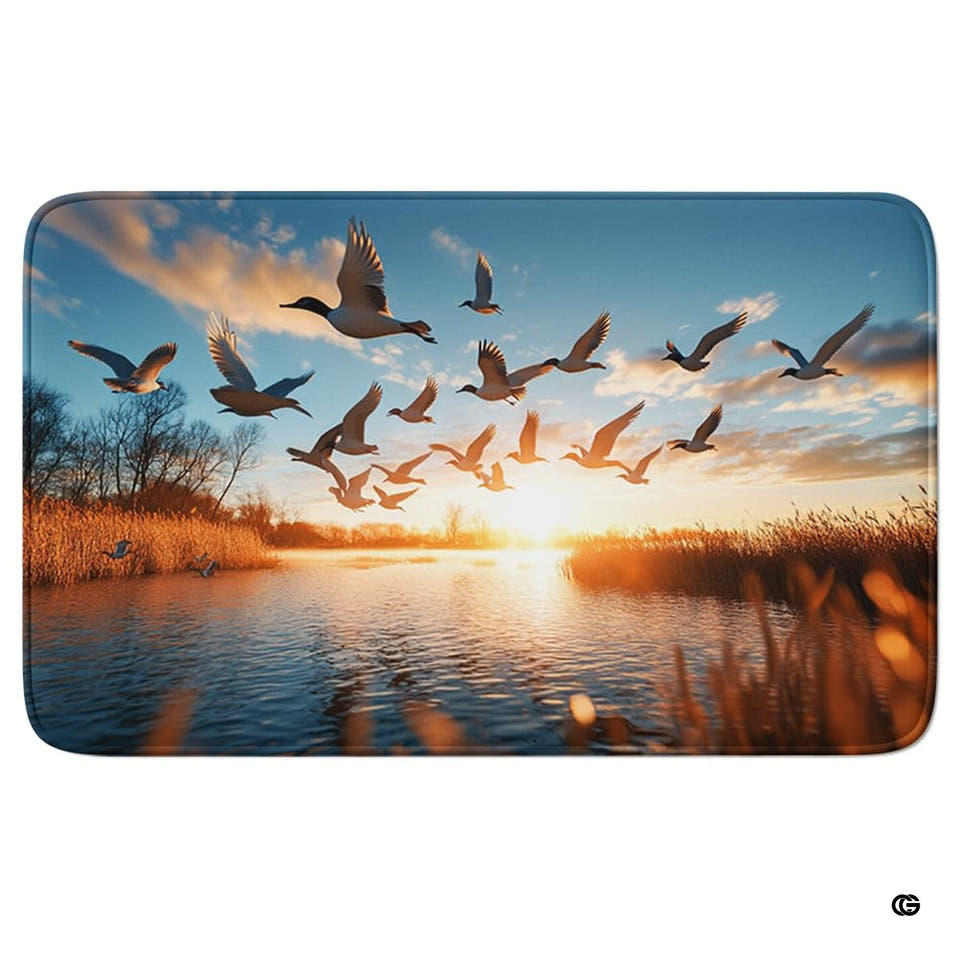 Nature area rug displaying flying geese over a calm marsh lake at sunset.
