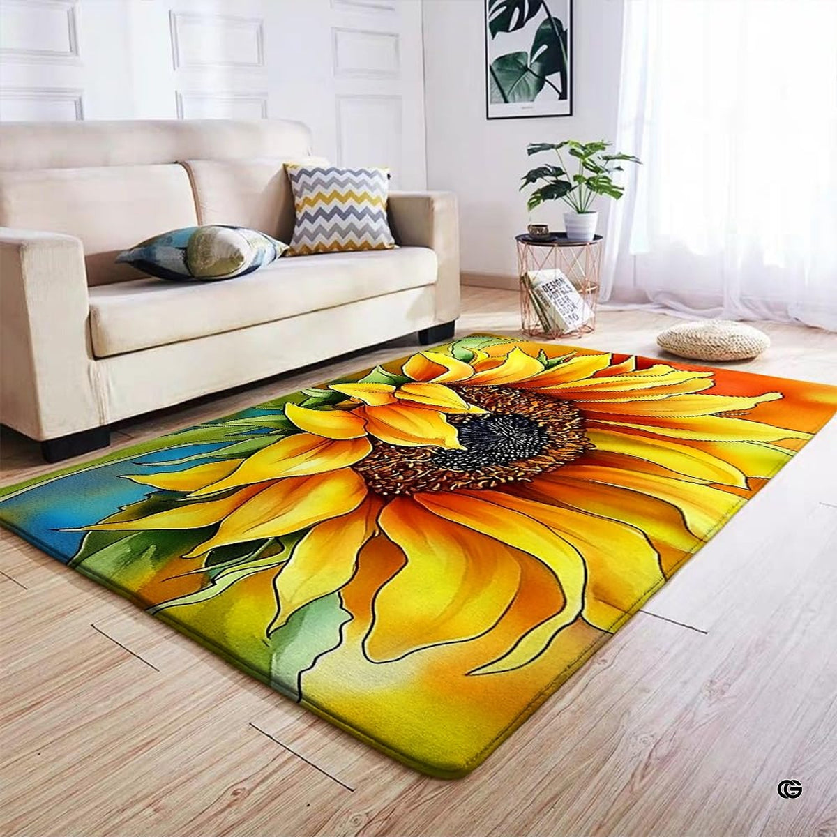 Anti-slip dot backing and hemmed edge stitching on watercolor sunflower rug