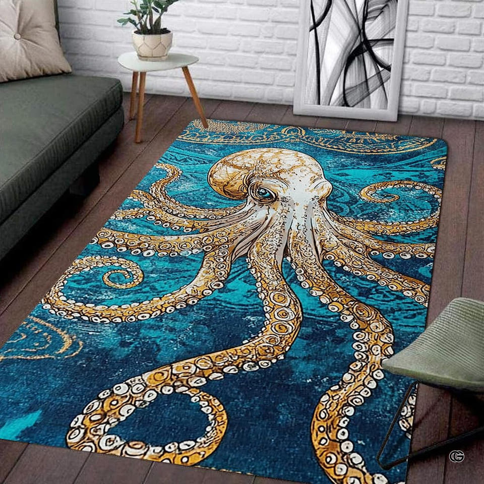 Golden kraken octopus ocean living room area rug with swirling tentacles and teal waters