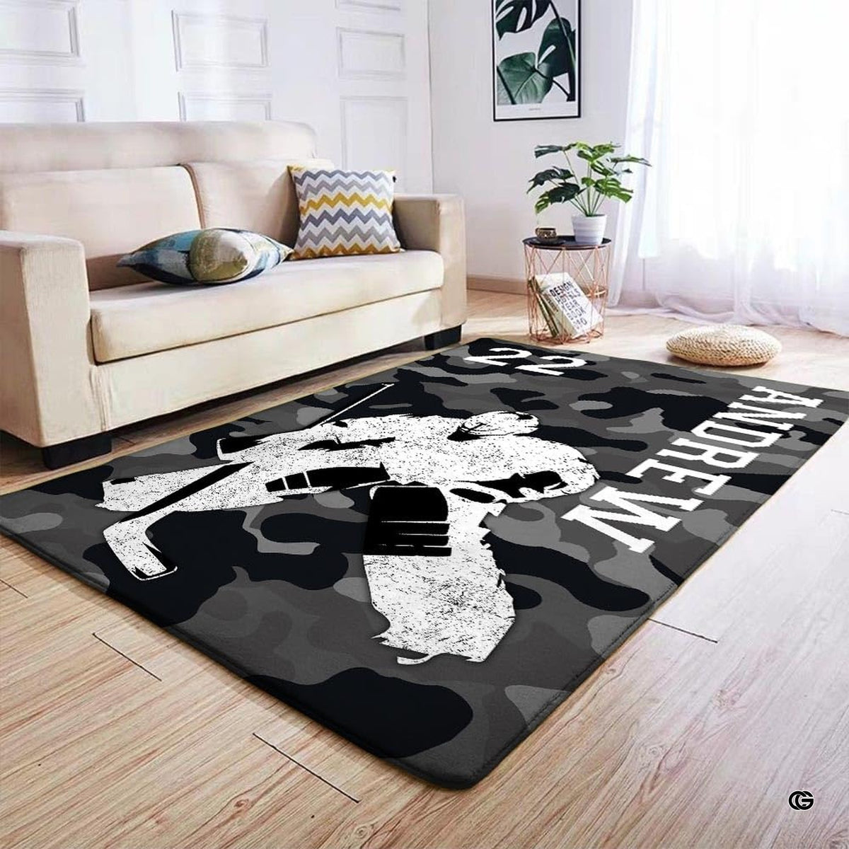 Anti-slip dot backing and hemmed edge stitching on urban camo hockey area rug - image 4 of 7