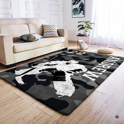 Anti-slip dot backing and hemmed edge stitching on urban camo hockey area rug - thumbnail image 4 of 7