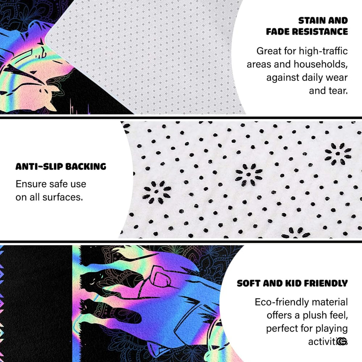 Holographic cowboy mandala carpet displayed in cozy bedroom interior
