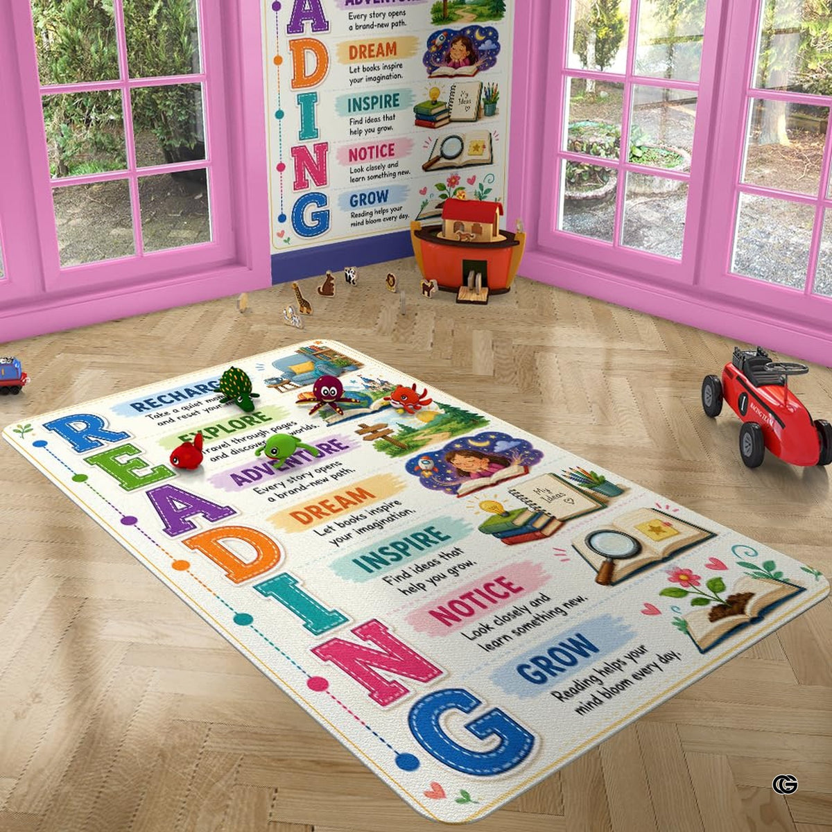 Educational decorative accent area rug styled beside children study desk and open book display in bright room.