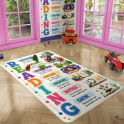 Educational decorative accent area rug styled beside children study desk and open book display in bright room. - thumbnail image 4 of 7