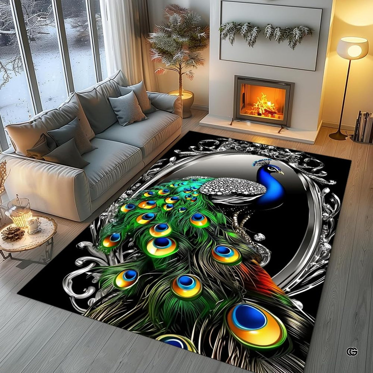 Living room styling showcasing baroque emerald green peacock area rug as a dramatic centerpiece. - image 5 of 8