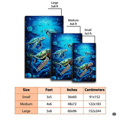 Mockup display showing the marine sea turtles rug placed in front of a modern sofa - thumbnail image 2 of 7