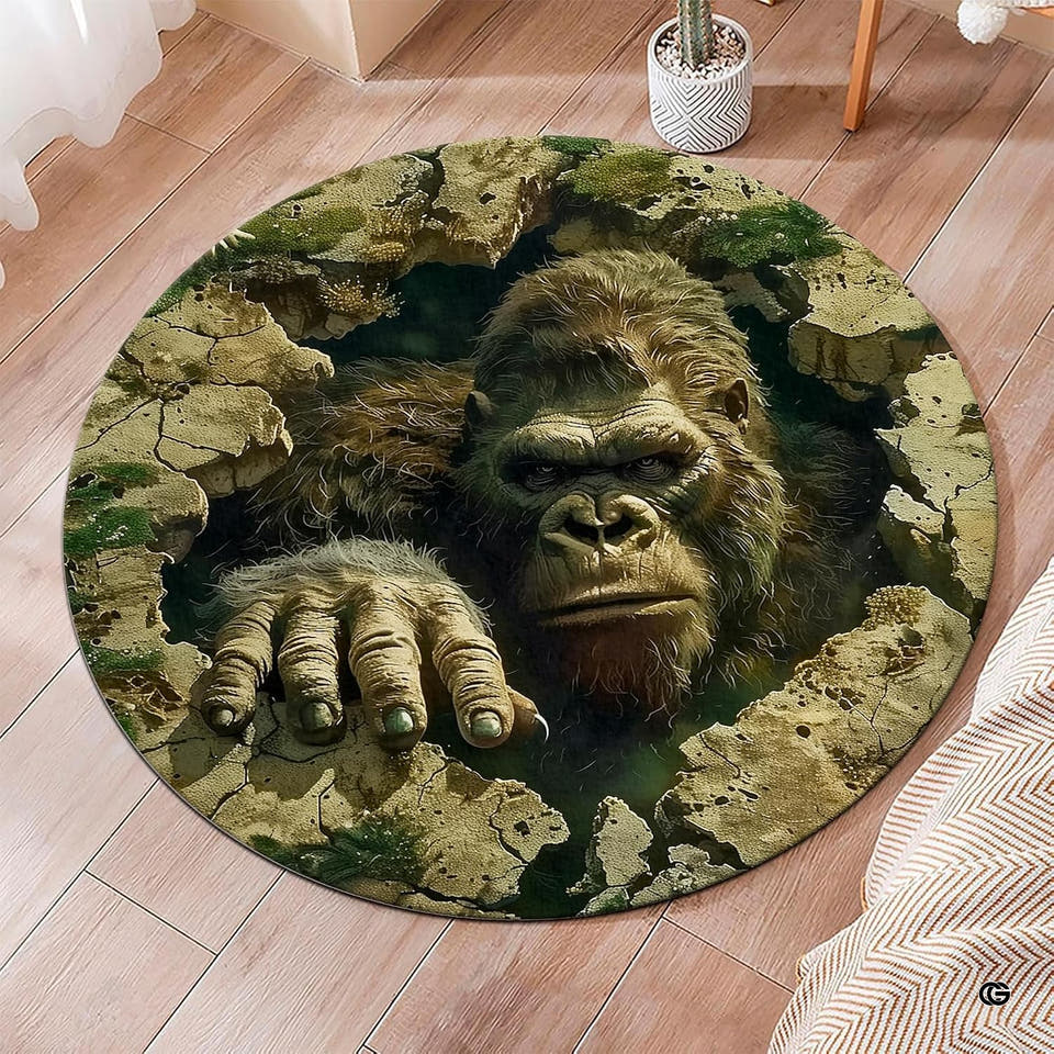 Giant ape cavern round area rug displaying a primate rising out of cracked ground across plank flooring.